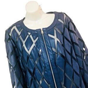 Colleen Lopez Leather Burnout Jacket‎ Womens 1X Navy Cutout  Artsy